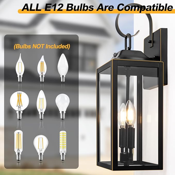 Large Dusk to Dawn Outdoor Lighting - 19" Black Outside Wall Mount Light Fixture with Gold Trim, Exterior Farmhouse Wall Sconce Lantern, Modern Porch Light Exterior Lamp for House 2-Light (1 Pack)