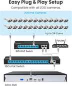 ZOSI 32CH 4K PoE Security Camera System, Face Person Vehicle Detection, 2 Way Audio, 24 x 8MP Spotlight Outdoor Indoor IP Cameras, 32 Channel 4K NVR with 8TB HDD for 24/7 Recording
