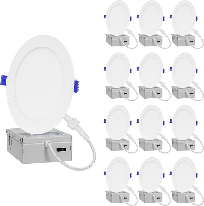 LAMPHOME 12-Pack of 6-Inch Slim LED Recessed Lights with Junction Box, Adjustable Color Temperatures (2700K-5000K), 12W Equivalent to 110W, Dimmable, 1050LM Brightness - ETL and Energy Star Certified