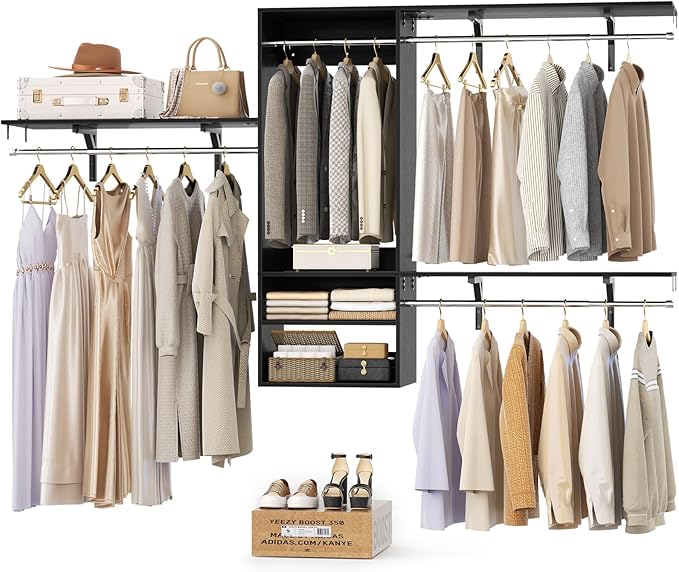 Cyclysio 96 Inch Closet Organizers and Storage, 8 FT Hanging Closet Organizer with 4 Adjustable Rods, Wardrobe Organizers with 3 Shelving Towers for 4-8FT Spaces(Cut-to-Fit), Black