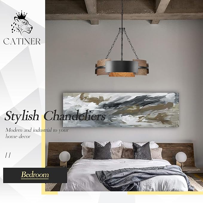 Modern Chandelier 24" Industrial Drum Light Fixture Black Metal 6-Light Hanging Chandelier Walnut Wood Grain for Living Dining Room Foyer Entryway Kitchen