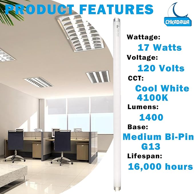 24 Inch Fluorescent Light Bulb F17T8/841 17 Watts, 2 Ft T8 17W Cool White 4100K Straight Linear Fluorescent Tube, G13 Medium Bi-Pin Base, 6 Pack