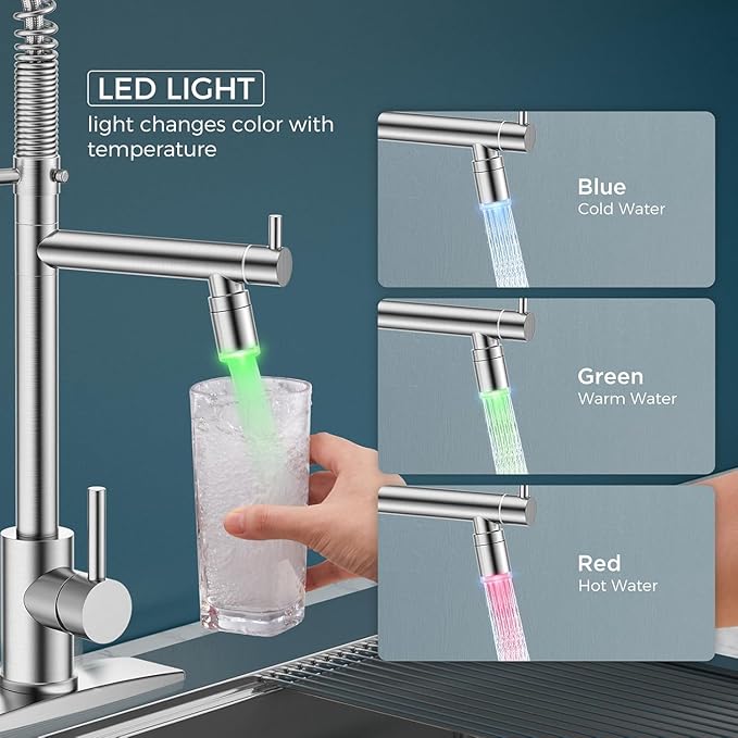 Smart Kitchen Faucet, 3 Modes Pull Down Sprayer, LED Temperature Control, Ceramic Valve,360-Degree Rotation,1 or 3 Hole Deck Plate, Double Spout. 10-Year Warranty. (KW-05SN, Brushed Nickel)