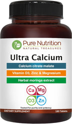 Pure Nutrition Ultra Calcium Citrate Malate | 1000mg Highly absorbable Calcium Supplement with Calcium Citrate Malate, Vitamin D3, Magnesium and Zinc | Non-GMO | Gluten-Free | 180 Veg Tabs