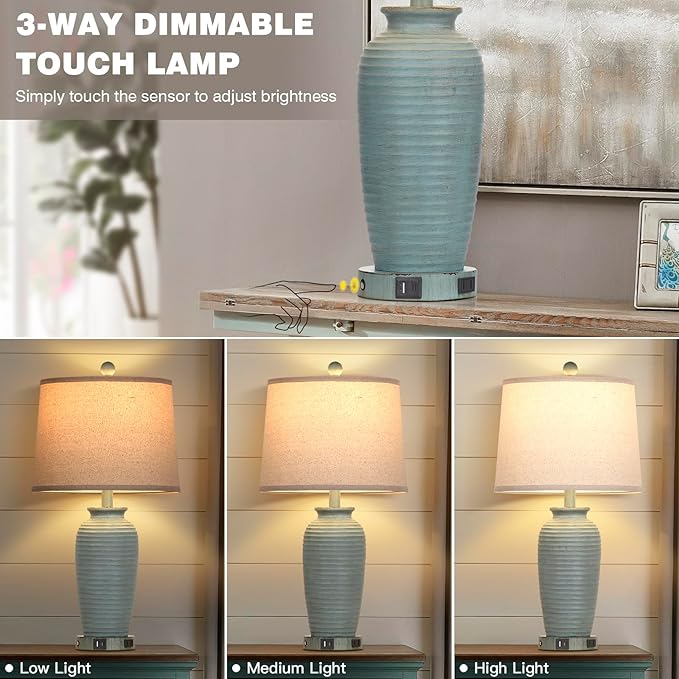 25" Farmhouse Jar Table Lamps Set of 2, 3 Way Touch Control Rustic Bedside Lamps with USB A+C Ports & AC Outlet, Pot Nightstand Lamps for Bedroom Living Room (LED Bulbs Included)