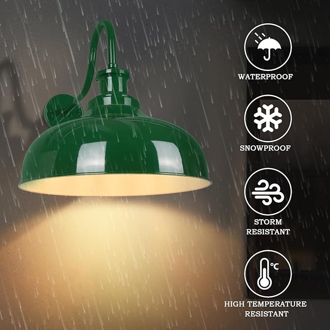 Outdoor Gooseneck Barn Light, 16 Inch Dome Rustic Outdoor Wall Sconce, Farmhouse Exterior Wall Mount Lighting Fixture, Industrial Green Wall Lantern for Porch, Entryway, Garage, RZ007L GR+WH
