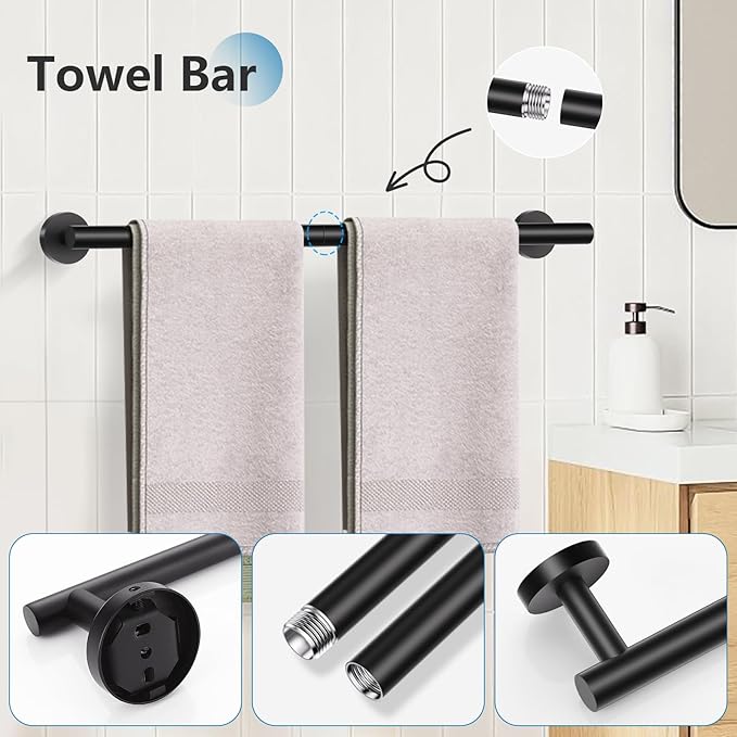 TNOMS 5 Pieces Towel Bar Set Matte Black Bathroom Hardware Set Upgraded Toilet Paper Holder with Shelf Towel Rail Set for Bathroom Stainless Steel Wall Mounted 23.6 Inch