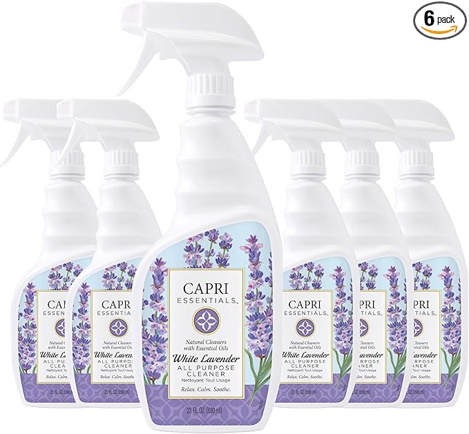CAPRI ESSENTIALS All Purpose Cleaner, Natural Household Cleaning Supplies, Plant Based Kitchen Counter Surface Spray, Removes Dirt & Grime, Blend of Essential Oils, White Lavender, 23 FL Oz (6 Pack)