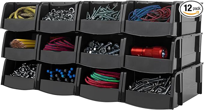 IRIS USA Small Stackable Storage Bins, 12-Pack, 7.5 x 4.5 x 3 inch, |Made in USA|, Plastic Open Front Shelf Bin for Organizing Parts, Hardware, Tools, Supplies, Garage Shelf, Pantry - Black