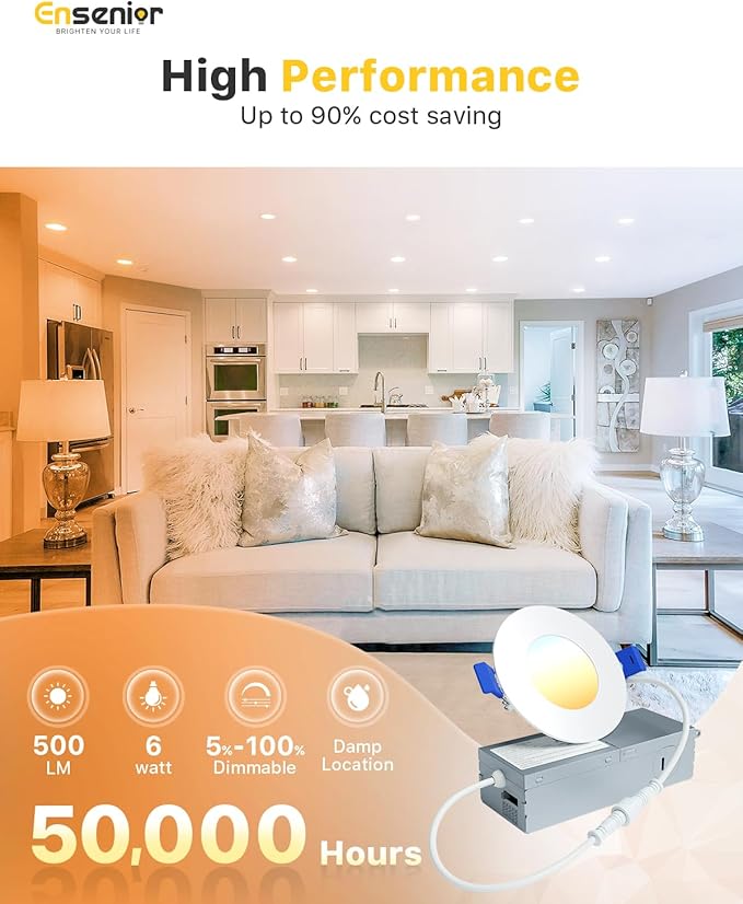 Ensenior 6 Pack 3 Inch LED Recessed Light, Dimmable, 2700K-5000K 5CCT, 500LM High Brightness, 6W 120V, Damp Rated, Ultra-Thin Canless Wafer Light - ETL & FCC & IC