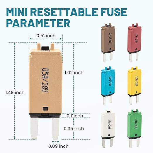 NuIth Manual Reset 5-30A Mini Fuse Circuit Breakers, E73 Low Profile ATM Circuit Breaker Blade Fuse DC 28V Resettable Standard Blade Fuses for Car Truck RV Marine (7PCS 5A-30A)