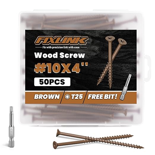 Wood Screws 4 Inch, FIXLINK Deck Screws #10 x 4, 50 PCS, Epoxy Coated, T25 Star Bit Above 1500 Hour Salt Spray Coating Outdoor Decking Screws Excellent Rust Resistant for Wood Fence, Brown