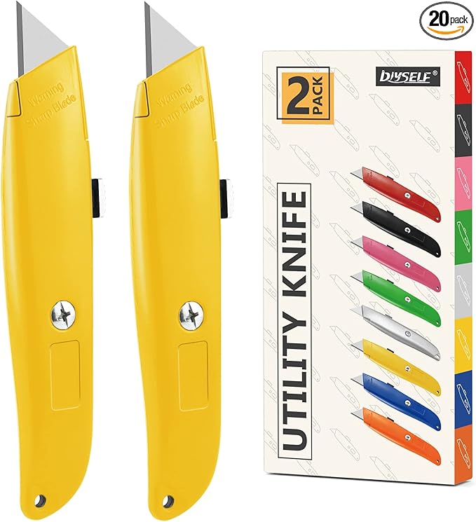 DIYSELF Utility Knife, 20 Pack Heavy Duty Box Cutter Retractable, Box Cutter Knife, Box Opener, Cardboard Cutter, Utility Knives for Garage, Home and Office, Box Cutters for Daily Use (Yellow)