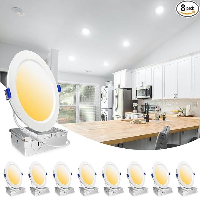 8 Pack 16W 1800lm Recessed Lighting 6 inch, Ultra-Thin Can Lights with Junction Box, Retrofit Recessed Lights, Dimmable, Canless Wafer Downlight - ETL & Energy Star-Warm White