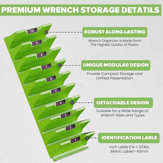 40PCS Modular Wrench Organizer Wrench Holder - Wrench Tool Organizers for Tool Drawer Storage, Wrench Storage Set with Metric & SAE Label, Wrench Rack Tool Gift for Professional Mechanics Men, Green
