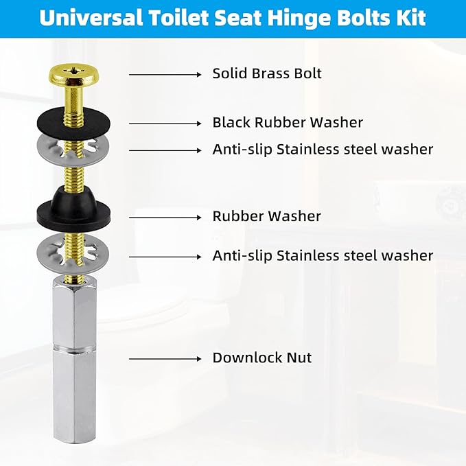 Hibbent 2 PCS Universal Toilet Seat Bolts Kit, Heavy Duty Solid Brass Toilet Bolts with Extra Long Stainless Steel Downlock Nuts Rubber Washers Gaskets, Easy to Install - Bathroom Toilet Repair Screw