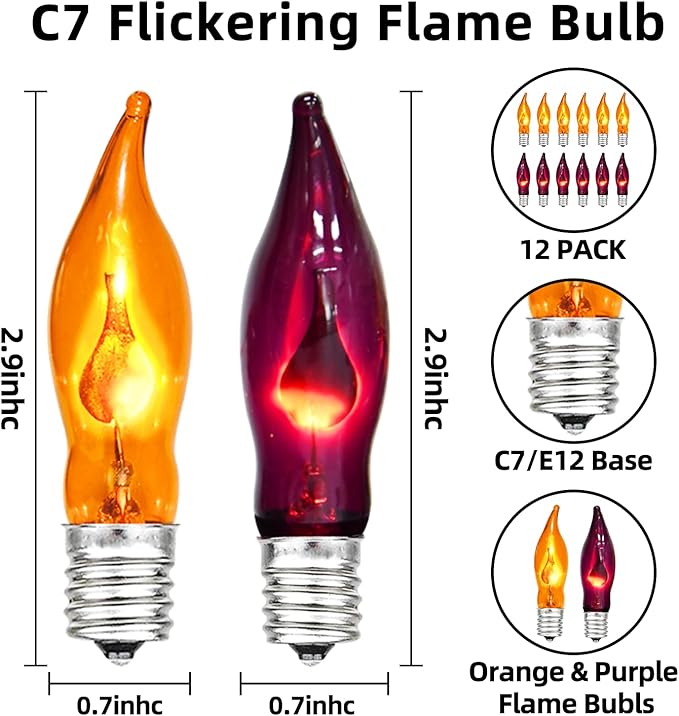 12 Pack C7 Clear Orange and Purple Flickering Flame Replacement Bulbs for String Lights Outdoor, E12 Screw Base, Flame Bulbs for Halloween Indoor Outdoor Roofline Garden Patio Party Decorations