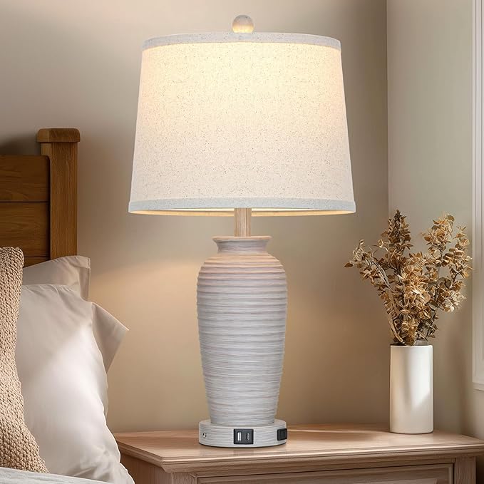 25" Vintage Farmhouse Jar Table Lamps, Single Rustic Bedside Lamp with USB A+C Ports & AC Outlet, Nightstand Lamps for Living Room, Bedroom, End Table, Grey White(LED Bulb Included)