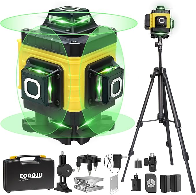 Laser Level, 4 x 360° Self Leveling Green Laser Level with Tripod, 16 Lines 4D for Construction, Picture Hanging, Floor Tile, Renovation, Includes Remote Control & Premium Carry Bag