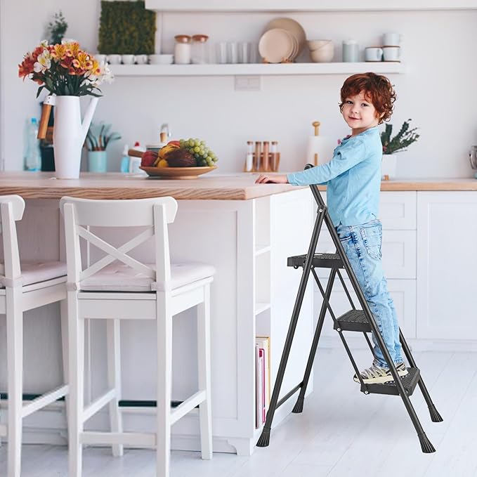 3 Step Ladder, Folding Step Stool 500 Lbs Capacity for Adults & Kids, Heavy Duty Steel Sturdy Step Ladder with Non Slip Wide Pedals, Space Saving Step Stool for Home Kitchen Office Library, Black