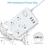 Jgstkcity Outdoor Waterproof Power Strip, 4 Flat Plug Outlets and 3 USB Ports, Mountable Weatherproof Surge Protector, Multi Outlet Extension for Camping, Garden, Kitchen, Bathroom, 6ft Cord (Grey)