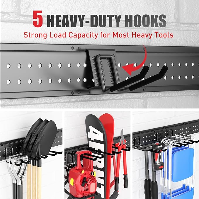 Garage Tool Organizer Wall Mount 96 inches with 18 Adjustable Heavy-Duty Hooks, Garage Organization, Garden Tool Storage Rack, Yard, and Shed, Holds Up to 750 lbs