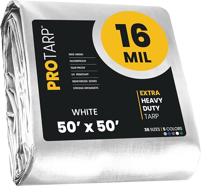 PROTARP Extra Heavy Duty 16 Mil Tarp Cover, Waterproof, UV Resistant, Rip and Tear Proof, Poly Tarpaulin with Reinforced Edges for Roof, Camping, Patio, Pool, Boat. (White 50′ X 50′)