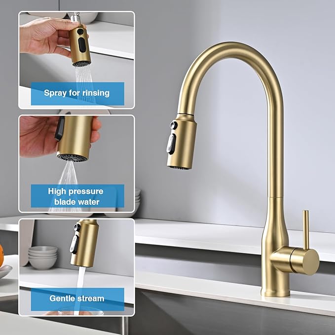 Metal Kitchen Faucet Head Replacement, 3-Function Pull Down Spray Head for Kitchen Faucet, High Pressure Sink Spray Nozzle with 9 Adapters Compatible with American Standard, ‎Brushed Gold