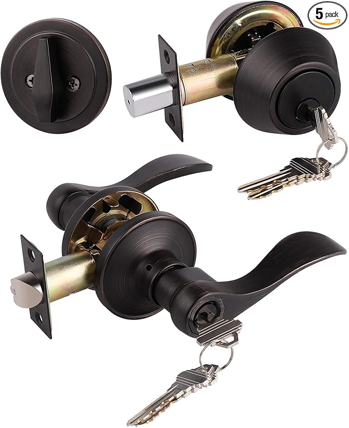 6 Pack Keyed-Alike Entry Lever and Single Cylinder Deadbolt Combination Locksets, Oil Rubbed Bronze Finish, Reversible Front Door Handleset with Handle and Deadbolt for Exterior Doors
