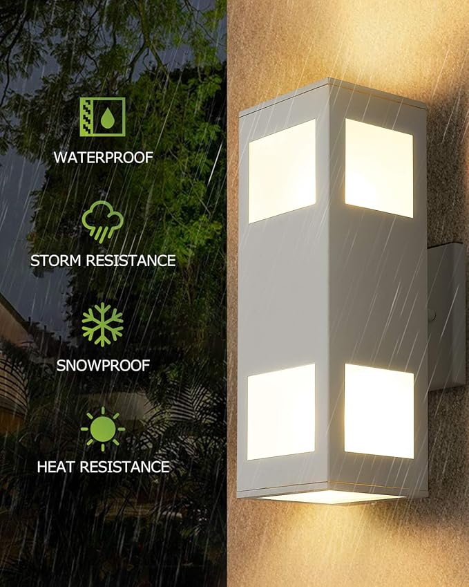 harriet Porch Lights Outdoor Modern - IP64 Waterproof Aluminum and Tempered Glass Cover, 13" Rectangular Up/Down Wall Sconce for Porch, Garage & Patio, Exterior Lighting, White