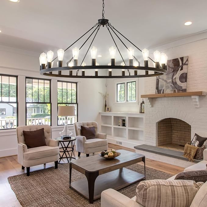 53” Large Farmhouse Wagon Wheel Chandelier,Black Rustic Chandelier 24-Lights,Round Dining Room Light with Adjustable Height,Industrial Ceiling Light Fixtures for Kitchen,Foyer,Porch,Living room