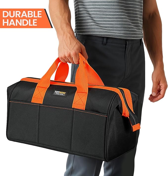 Wide Mouth Tool Bag, Heavy Duty Tool Bags for Men, 12-Pocket Portable Empty Tool Box Organizer Storage for Mechanic, Electrician, 17.3 inch, 600D Oxford, Orange
