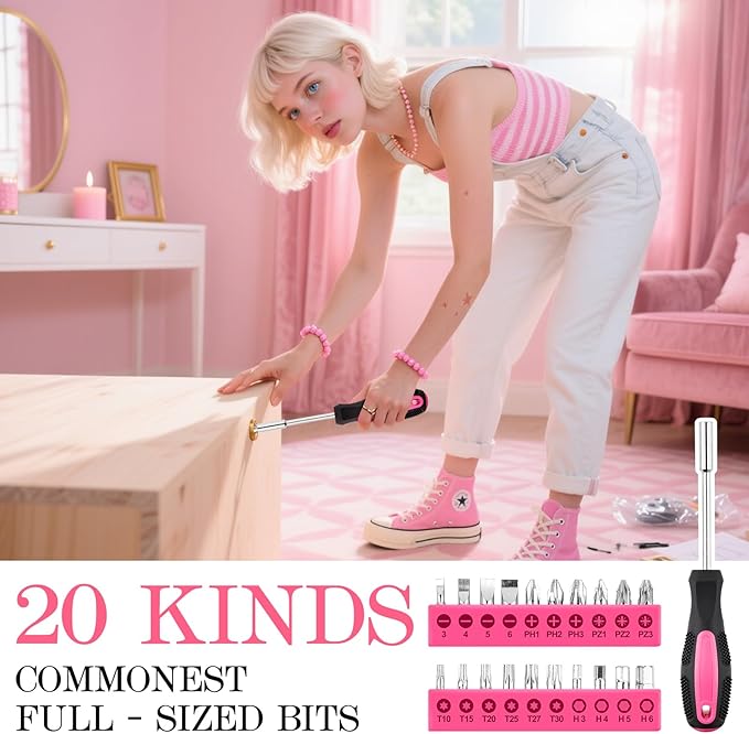 Tool Set, Mini Tool Kit, 49-Piece Household Pink Small Basic Home, Tool Set with Plastic Toolbox Tool Kit for Dorm, Great for Women,College Students, Household Use & More