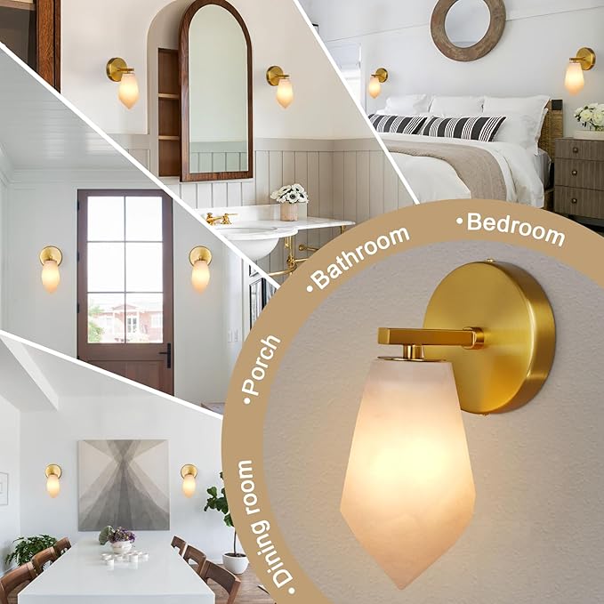 Alabaster Wall Sconces Set of Two, Spanish Marble Wall Lamp, Modern Wall Sconce for Living Room, Hardwired Wall Lighting for Bedroom, Wall Light for Bathroom Hallway Stairs, Gold