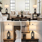 Black Living Room Lamps Set of 2, 3 Way Dimmable Touch Control Farmhouse Table Lamps with 2 USB Ports, Retro Bedside Lamp with 2 LED Nightlight,Rustic Bedroom Lamp for Nightstand(4 LED Bulbs Included)