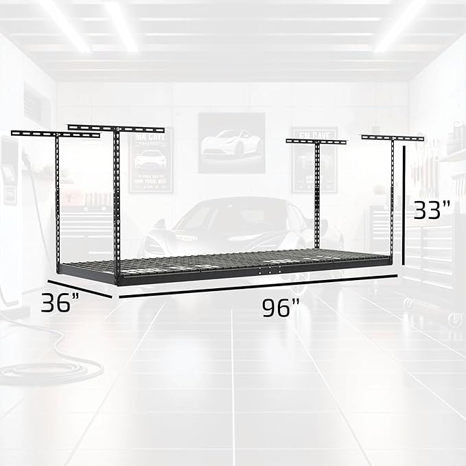 MonsterRax Overhead Garage Storage Racks 3x8’ Ceiling Mounted Shelving, Adjustable Hanging Organizer, Heavy Duty Steel, Holds 500 Pounds, Color: White, Adjustable from 24"-45" off the Ceiling