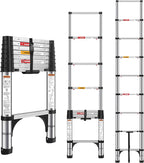 Telescoping Ladders 8.5 FT Stainless Steel - One-Button Retraction Collapsible Extension Ladder for Home,RV,Loft, Lasts 375 LBS with 2 Triangle Stabilizers