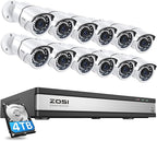 ZOSI 4K 16CH PoE Home Security Cameras System with 4TB Hard Drive,H.265 8MP 16 Channel CCTV NVR,12pcs 5MP Outdoor PoE IP Cameras,120ft Night Vision,Motion Detection,Remote Access,for 24/7 Recording