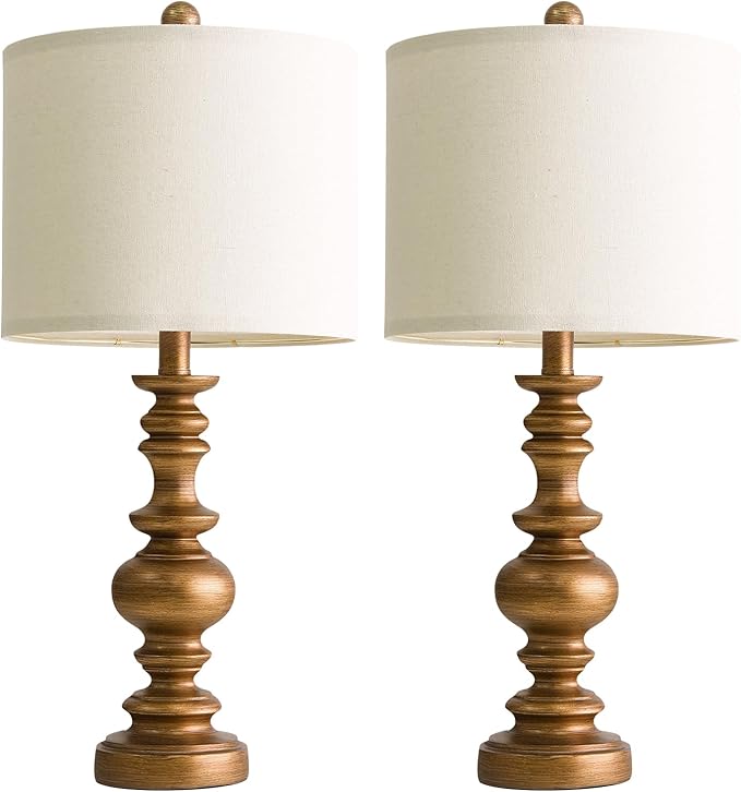 BOBOMOMO 24" Traditional Lamps Set of 2 – Antique Gold Bedside Lamps with Linen Shades, Elegant Medium Farmhouse Lamps for Living Room, Bedroom, and Hallway, Ideal for Warm, Cozy Spaces