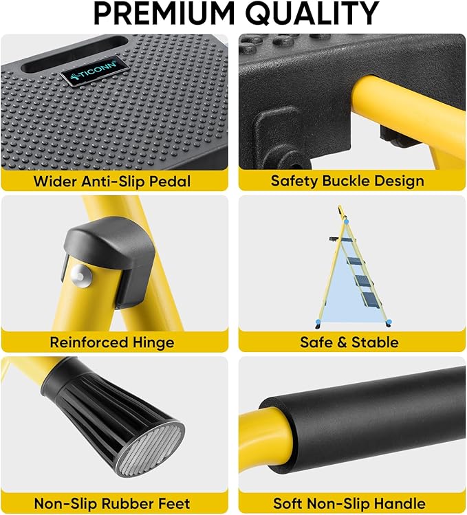 TICONN 4 Step Ladder, Heavy Duty Foldable Step Stool, Portable Steel Folding Stool for Household Garage Storage (Yellow)