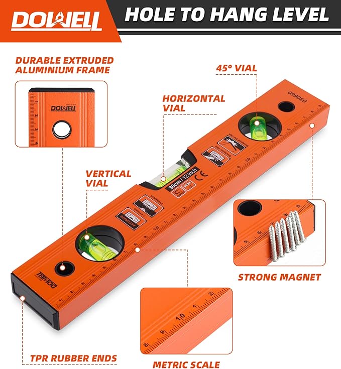 DOWELL 12 Inch Magnetic Spirit Level with Metric Scale, 3 Different Bubbles-45°/90°/180°HY030660