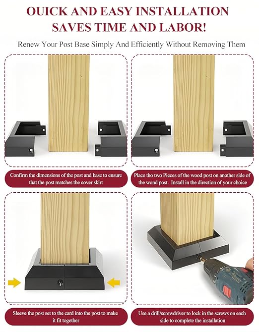 2PCS 3"x 3" Split Deck Post Base Cover, Aluminum Split Type Post Skirt Guardrail Bottom Cover for Railings, Stairs, Patios, Porches, Split Deck Base Bracket Covers(Black)