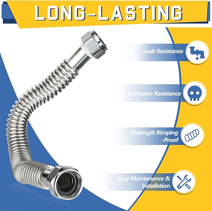 30-Pack GUOFIS Corrugated Flexible Stainless Steel Water Heater Connector,3/4" FIP x 3/4" FIP Hose for Water Heater/Water Softener(24-Inch)(HOSE040-30Pack)