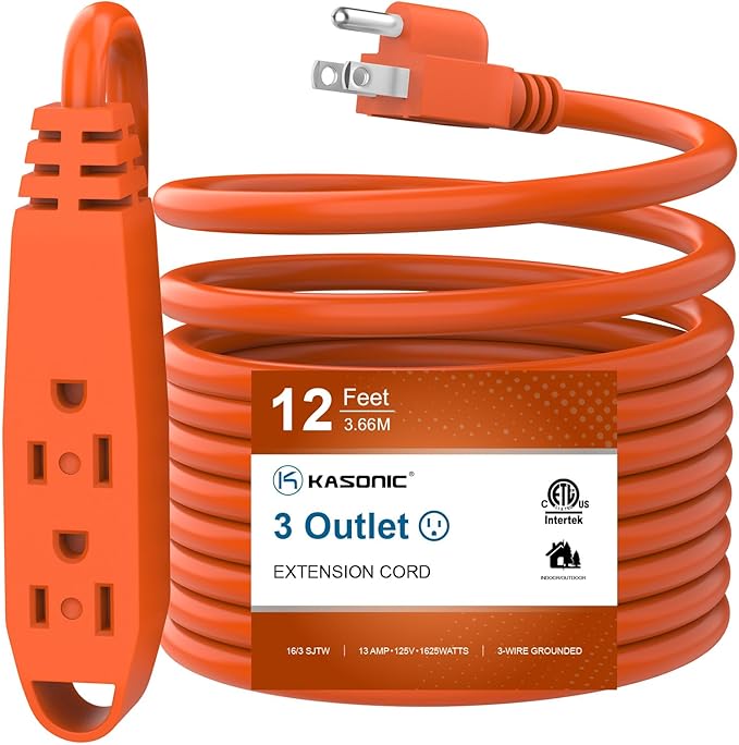 K KASONIC - 12-Feet 3 Outlet Extension Cord, UL Listed, 16/3 SJTW 3-Wire Grounded, 13 Amp 125 V 1625 Watts, Multi-Outlet Indoor/Outdoor Use, Orange