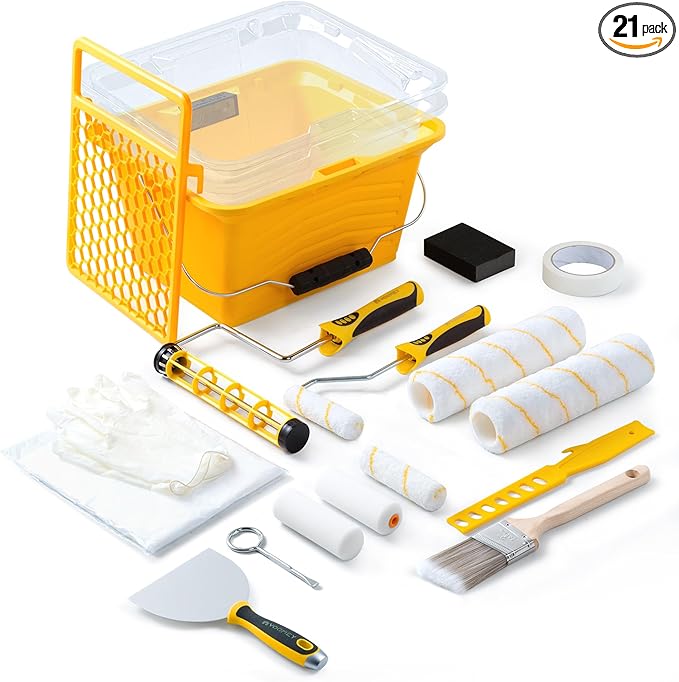 Voomey 21PC 9 Inch Paint Bucket - Paint Roller Kit with Bucket Liner, Includes Roller Frame & Microfiber Covers, Professional Wall Painting & DIY Projects