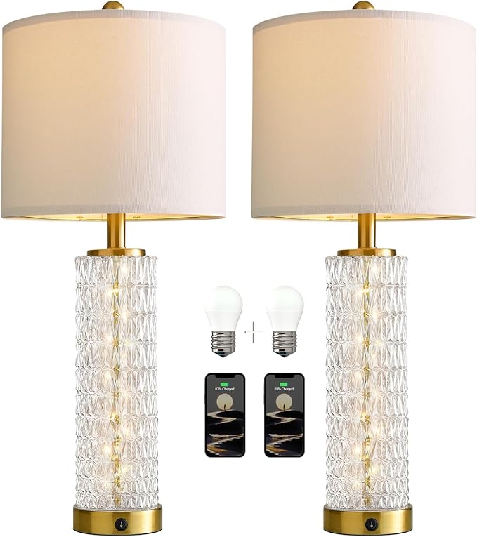 Oneach 27.75” Table Lamps Set of 2, Gold Modern Bedside Lamp with LED Night Light, USB A+C, Glass Lamps for Living Room, Bedroom, Nightstand, Office, End Table (2 Bulbs Included)