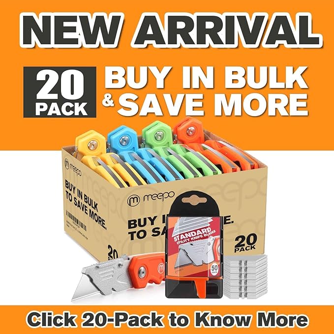 Box Cutter, 4-Pack Tough Folding Box Cutter for Heavy Duty Purpose, Razor Sharp Blade, Comfortable Handle, with Extra 10-Piece Blades, Can cut Drywall, Sheet Plastic, Linoleum, Boxes, Rope