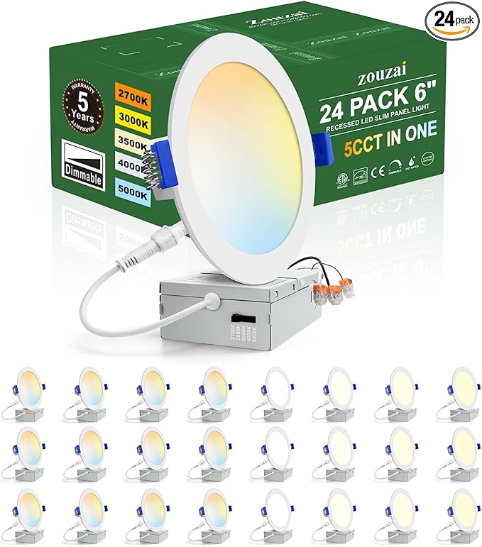 zouzai 24 Pack 6 Inch Ultra-Thin LED Recessed Ceiling Light with Junction Box 5CCT Adjustable Dimmable Can-Killer Downlight - ETL and Energy Star Certified (24 Pack,5CCT, 6 Inch)