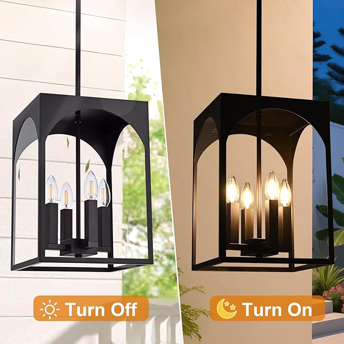 VINLUZ Outdoor 4 Light Pendant Lighting,Classic Outside Chandelier Exterior Hanging Lantern Light with Clear Glass Shade Oil Rubbed Bronze Finish for Porch, Yard, Gazebo