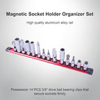 Magnetic Socket Holder Organizer Set:3/8-Inch Drive Socket Trays Socket, 360° Swivel 14 Clips Socket Holder Kit, For Automotive Mechanic Garage (Red)